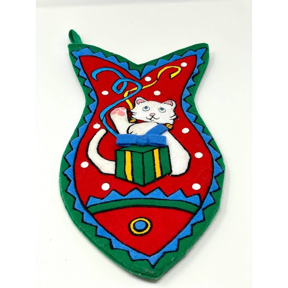 Felt Appliqued Santa KITTY CAT Fish Shaped‎ Felt Christmas Stocking 14" by L'art - Picture 1 of 3